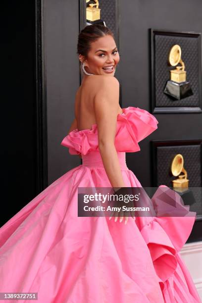 Chrissy Teigen attends the 64th Annual GRAMMY Awards at MGM Grand Garden Arena on April 03, 2022 in Las Vegas, Nevada.