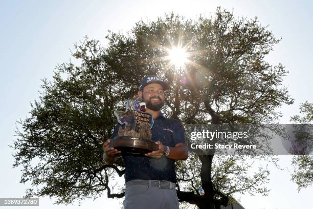 Spaun celebrates with the trophy after winning the Valero Texas Open at TPC San Antonio on April 03, 2022 in San Antonio, Texas.