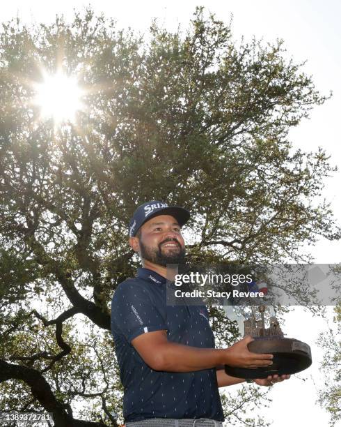 Spaun celebrates with the trophy after winning the Valero Texas Open at TPC San Antonio on April 03, 2022 in San Antonio, Texas.