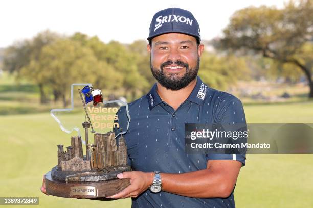 Spaun celebrates with the trophy after winning the Valero Texas Open at TPC San Antonio on April 03, 2022 in San Antonio, Texas.