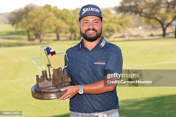 Spaun celebrates with the trophy after winning the Valero Texas Open at TPC San Antonio on April 03, 2022 in San Antonio, Texas.