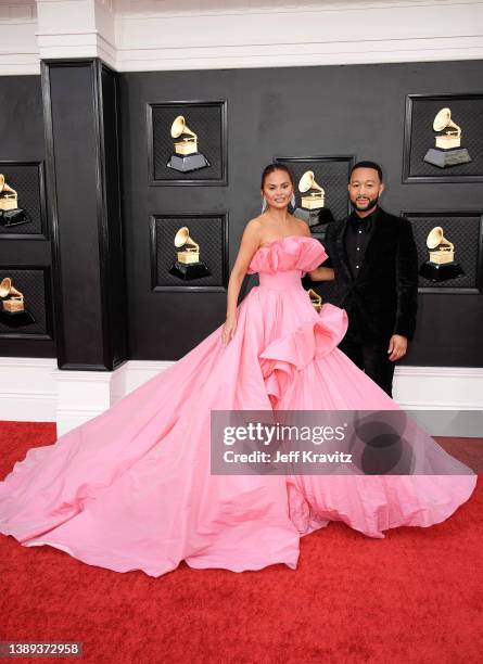 Chrissy Teigen and John Legend attend the 64th Annual GRAMMY Awards at MGM Grand Garden Arena on April 03, 2022 in Las Vegas, Nevada.