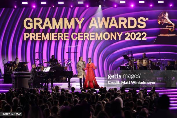 Pierce Freelon and Nnenna Freelon speak onstage during the 64th Annual GRAMMY Awards Premiere Ceremony at MGM Grand Marquee Ballroom on April 03,...