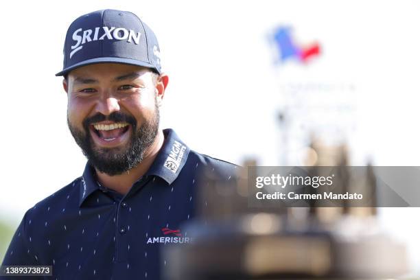 Spaun celebrates after winning the Valero Texas Open at TPC San Antonio on April 03, 2022 in San Antonio, Texas.