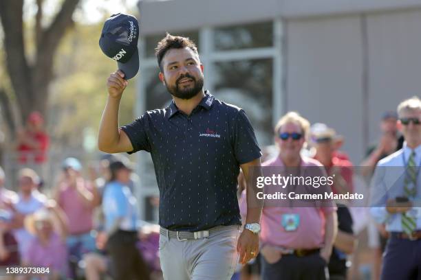 Spaun waves to the crowd after winning the Valero Texas Open at TPC San Antonio on April 03, 2022 in San Antonio, Texas.