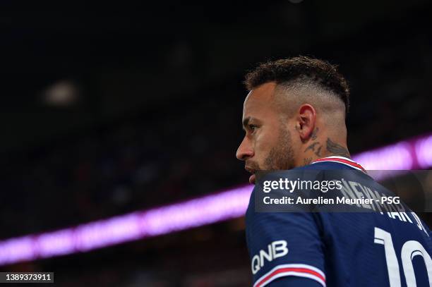 Neymar Jr of Paris Saint-Germain looks on during the Ligue 1 Uber Eats match between Paris Saint Germain and FC Lorient at Parc des Princes on April...