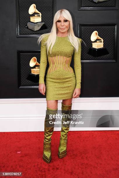Donatella Versace attends the 64th Annual GRAMMY Awards at MGM Grand Garden Arena on April 03, 2022 in Las Vegas, Nevada.