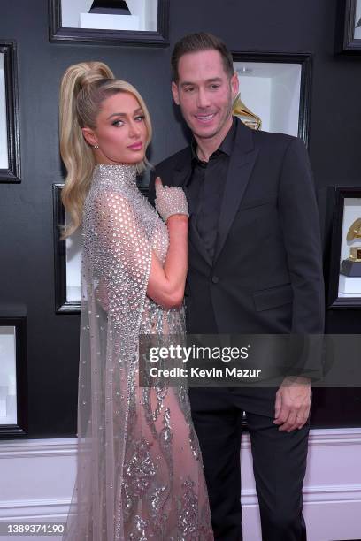 Paris Hilton and Carter Reum attend the 64th Annual GRAMMY Awards at MGM Grand Garden Arena on April 03, 2022 in Las Vegas, Nevada.