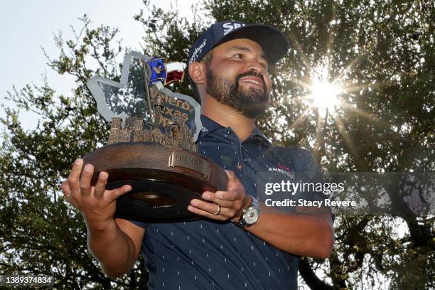 Spaun celebrates with the trophy after winning the Valero Texas Open at TPC San Antonio on April 03, 2022 in San Antonio, Texas.