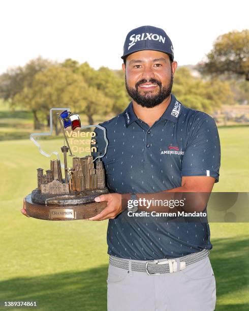 Spaun celebrates with the trophy after winning the Valero Texas Open at TPC San Antonio on April 03, 2022 in San Antonio, Texas.