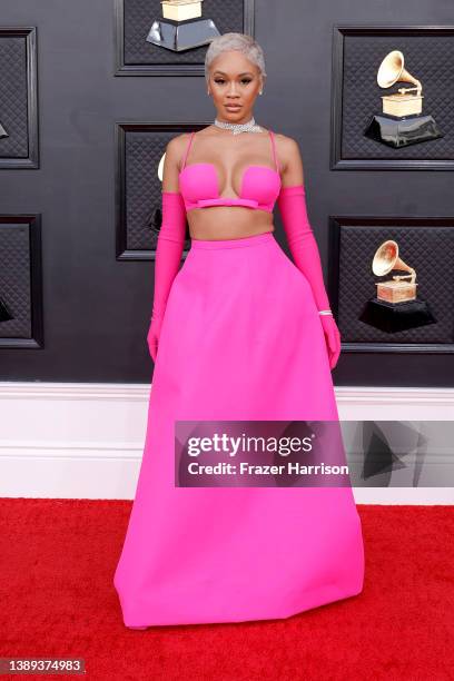 Saweetie attends the 64th Annual GRAMMY Awards at MGM Grand Garden Arena on April 03, 2022 in Las Vegas, Nevada.