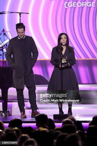 David Zonshine and Olivia Harrison accept the Best Boxed or Special Limited Edition Package award onstage during the 64th Annual GRAMMY Awards...