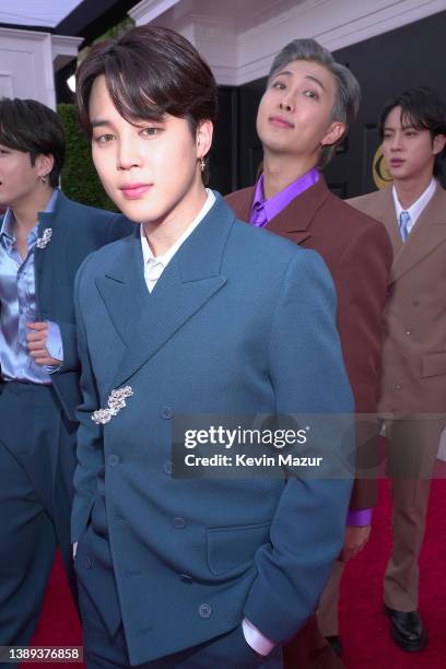 Jimin and RM of BTS attend the 64th Annual GRAMMY Awards at MGM Grand Garden Arena on April 03, 2022 in Las Vegas, Nevada.