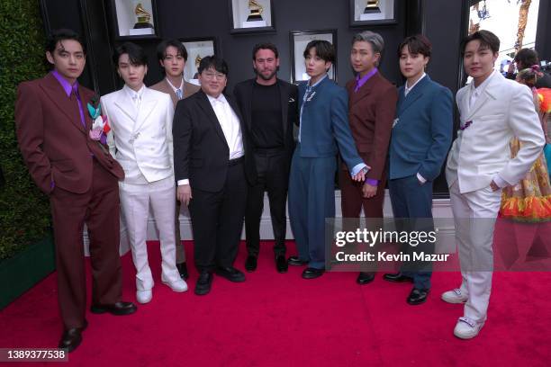 Suga, Jin, Bang Si-hyuk, Scooter Braun, Jungkook, RM, Jimin and J-Hope attend the 64th Annual GRAMMY Awards at MGM Grand Garden Arena on April 03,...