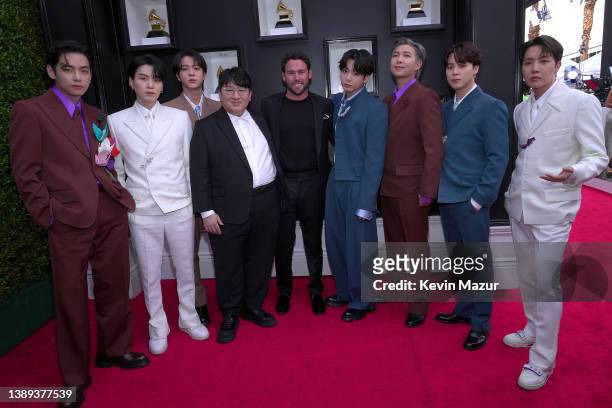 Suga, Jin, Bang Si-hyuk, Scooter Braun, Jungkook, RM, Jimin and J-Hope attend the 64th Annual GRAMMY Awards at MGM Grand Garden Arena on April 03,...
