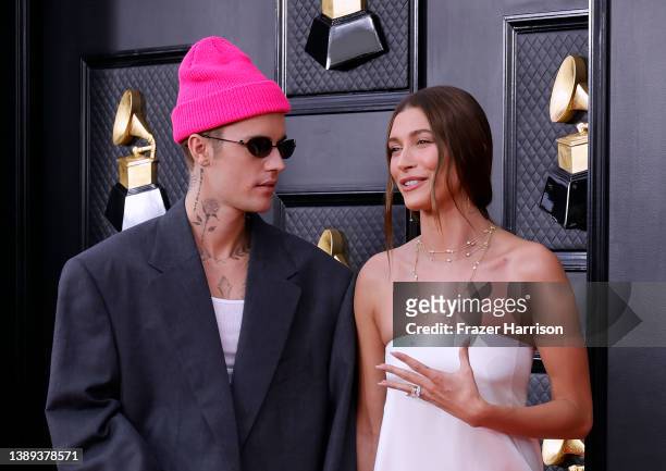 Justin Bieber and Hailey Bieber attend the 64th Annual GRAMMY Awards at MGM Grand Garden Arena on April 03, 2022 in Las Vegas, Nevada.