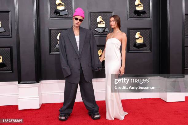 Justin Bieber and Hailey Bieber attend the 64th Annual GRAMMY Awards at MGM Grand Garden Arena on April 03, 2022 in Las Vegas, Nevada.