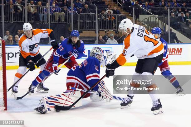 Igor Shesterkin of the New York Rangers makes the first period save on Kevin Hayes of the Philadelphia Flyers at Madison Square Garden on April 03,...