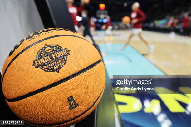 Game ball sits on the base of the basket before the game between the UConn Huskies and South Carolina Gamecocks during the 2022 NCAA Women's...