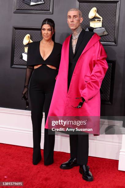 Kourtney Kardashian and Travis Barker attend the 64th Annual GRAMMY Awards at MGM Grand Garden Arena on April 03, 2022 in Las Vegas, Nevada.