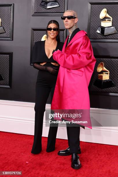 Kourtney Kardashian and Travis Barker attend the 64th Annual GRAMMY Awards at MGM Grand Garden Arena on April 03, 2022 in Las Vegas, Nevada.