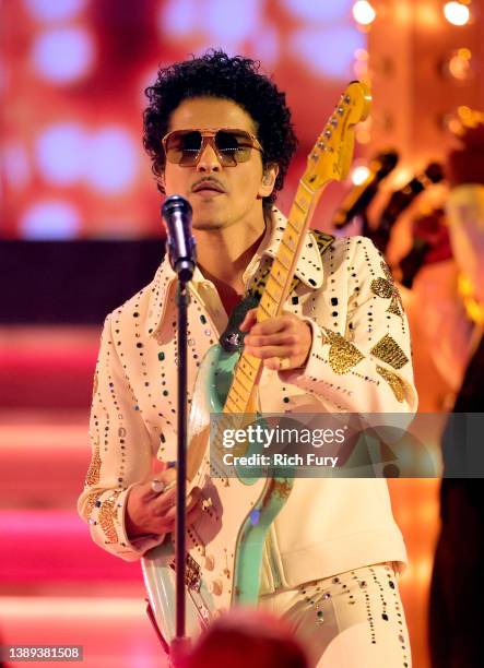 Bruno Mars of Silk Sonic performs onstage during the 64th Annual GRAMMY Awards at MGM Grand Garden Arena on April 03, 2022 in Las Vegas, Nevada.