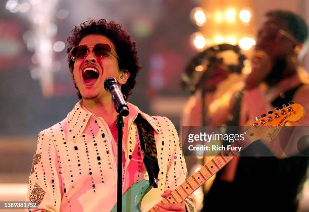 Bruno Mars of Silk Sonic performs onstage during the 64th Annual GRAMMY Awards at MGM Grand Garden Arena on April 03, 2022 in Las Vegas, Nevada.