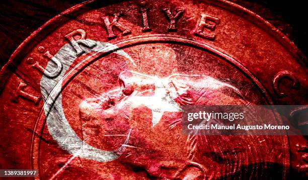 flag of turkey superimposed with 1 turkish lira coin with the portrait of kemal atatürk - turkey middle east stock pictures, royalty-free photos & images