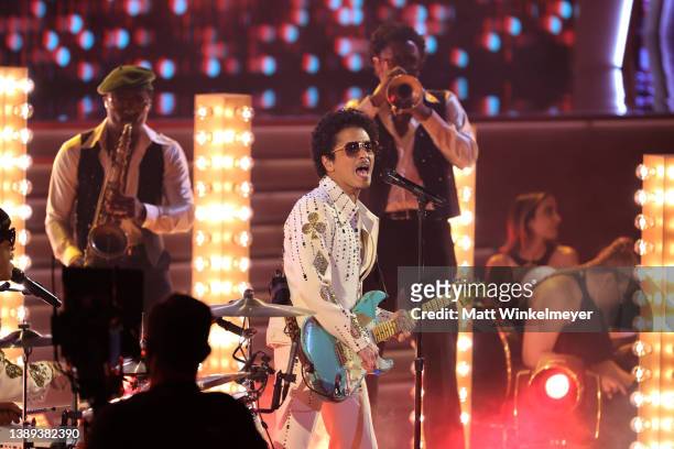 Bruno Mars performs onstage during the 64th Annual GRAMMY Awards at MGM Grand Garden Arena on April 03, 2022 in Las Vegas, Nevada.