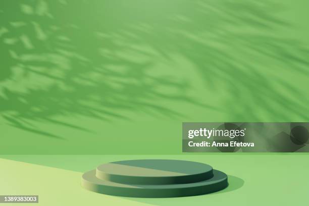 green round podium in green interior with sunshine and leaf shadows on the wall. empty space to showcase your beauty product. three dimensional illustration - fondo verde fotografías e imágenes de stock