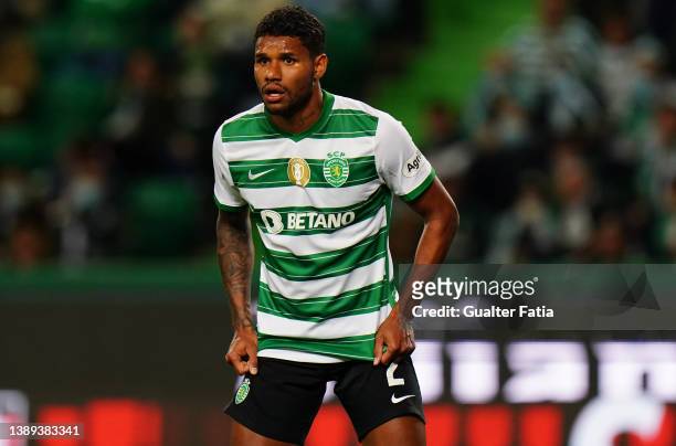 Matheus Reis of Sporting CP during the Liga Bwin match between Sporting CP and FC Pacos de Ferreira at Estadio Jose Alvalade on April 3, 2022 in...
