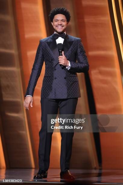 Host Trevor Noah speaks onstage during the 64th Annual GRAMMY Awards at MGM Grand Garden Arena on April 03, 2022 in Las Vegas, Nevada.