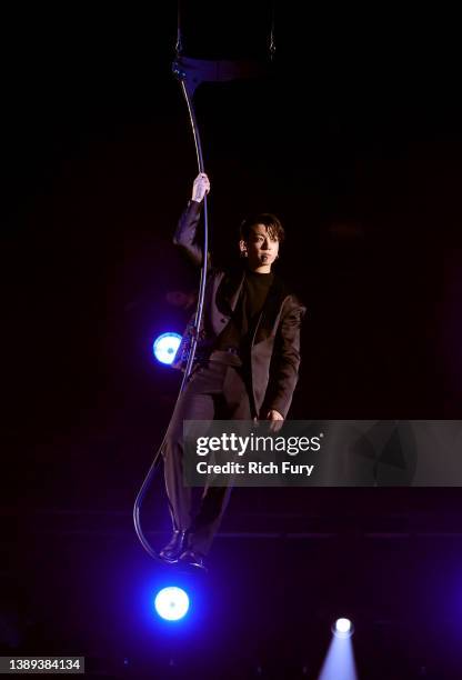 Jungkook of BTS performs onstage during the 64th Annual GRAMMY Awards at MGM Grand Garden Arena on April 03, 2022 in Las Vegas, Nevada.