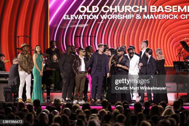 Elevation Worship and Maverick City Music accept the award for Best Contemporary Christian Music Album for “Old Church Basement” onstage during the...