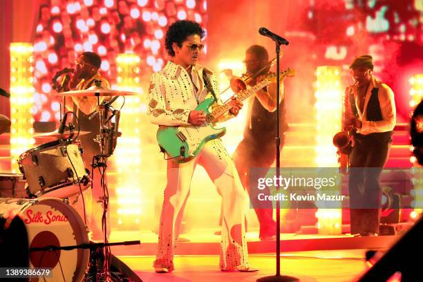 Bruno Mars of Silk Sonic performs onstage during the 64th Annual GRAMMY Awards at MGM Grand Garden Arena on April 03, 2022 in Las Vegas, Nevada.