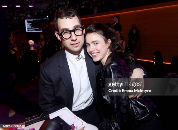Jack Antonoff and Margaret Qualley attend the 64th Annual GRAMMY Awards at MGM Grand Garden Arena on April 03, 2022 in Las Vegas, Nevada.