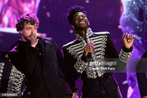 Jack Harlow and Lil Nas X perform onstage during the 64th Annual GRAMMY Awards at MGM Grand Garden Arena on April 03, 2022 in Las Vegas, Nevada.