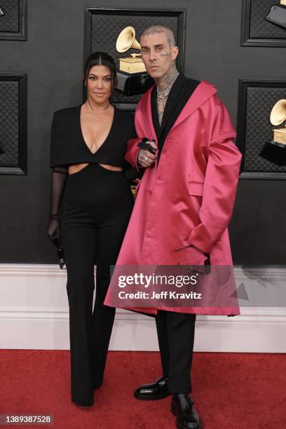 Kourtney Kardashian and Travis Barker attend the 64th Annual GRAMMY Awards at MGM Grand Garden Arena on April 03, 2022 in Las Vegas, Nevada.