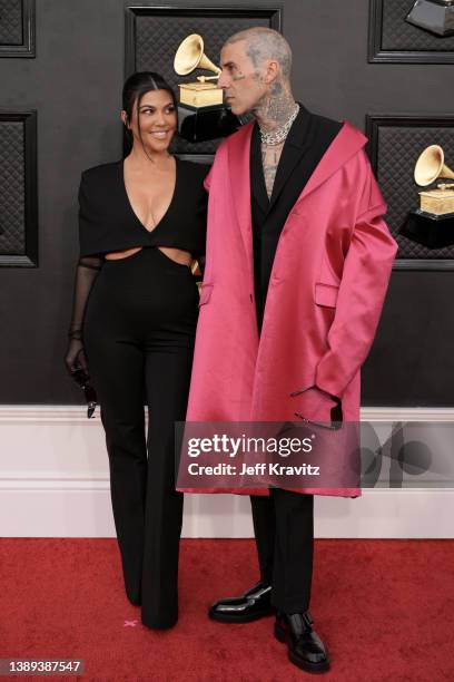 Kourtney Kardashian and Travis Barker attend the 64th Annual GRAMMY Awards at MGM Grand Garden Arena on April 03, 2022 in Las Vegas, Nevada.