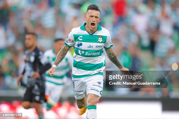 Brian Lozano of Santos celebrates after scoring the first goal of his team during the 12th round match between Santos Laguna and Pachuca as part of...