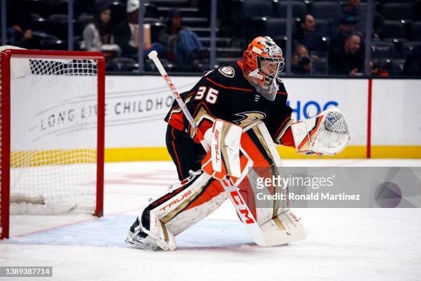 John Gibson of the Anaheim Ducks in goal against the Edmonton Oilers in the first period at Honda Center on April 03, 2022 in Anaheim, California.
