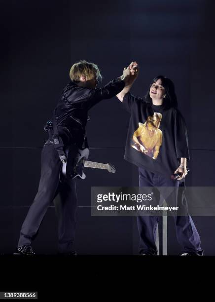 And Billie Eilish perform onstage during the 64th Annual GRAMMY Awards at MGM Grand Garden Arena on April 03, 2022 in Las Vegas, Nevada.