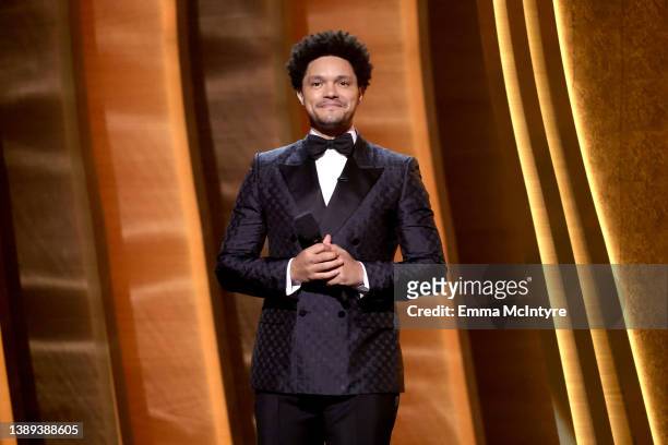 Host Trevor Noah speaks onstage during the 64th Annual GRAMMY Awards at MGM Grand Garden Arena on April 03, 2022 in Las Vegas, Nevada.