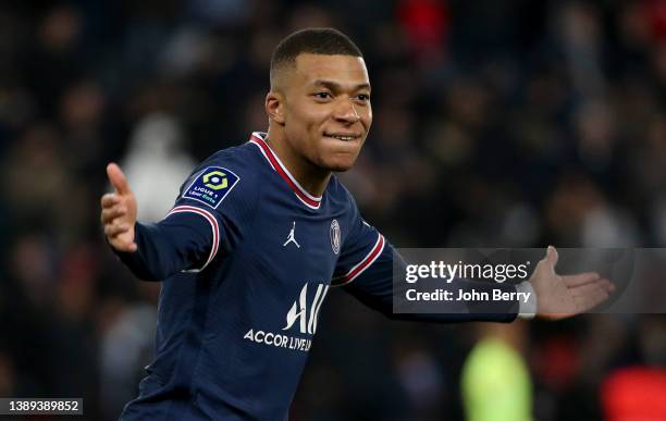 Kylian Mbappe of PSG celebrates his first goal during the Ligue 1 Uber Eats match between Paris Saint Germain and FC Lorient at Parc des Princes...