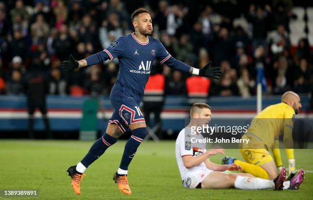 Neymar Jr of PSG celebrates his goal during the Ligue 1 Uber Eats match between Paris Saint Germain and FC Lorient at Parc des Princes stadium on...