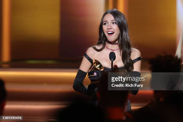 Olivia Rodrigo accepts the Best New Artist award onstage during the 64th Annual GRAMMY Awards at MGM Grand Garden Arena on April 03, 2022 in Las...