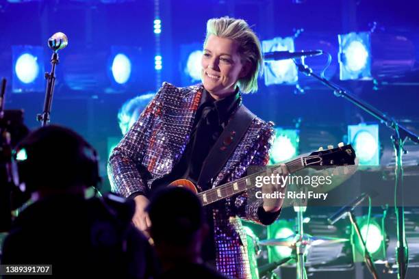 Brandi Carlile performs onstage during the 64th Annual GRAMMY Awards at MGM Grand Garden Arena on April 03, 2022 in Las Vegas, Nevada.