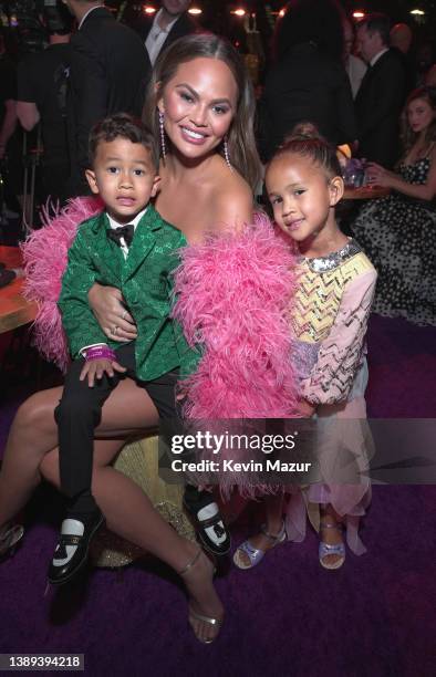 Miles Stephens, Chrissy Teigen, and Luna Stephens attend the 64th Annual GRAMMY Awards at MGM Grand Garden Arena on April 03, 2022 in Las Vegas,...