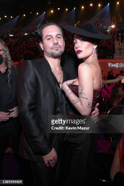 Alev Aydin and Halsey pose during the 64th Annual GRAMMY Awards at MGM Grand Garden Arena on April 03, 2022 in Las Vegas, Nevada.