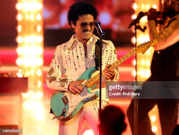 Bruno Mars of Silk Sonic performs onstage during the 64th Annual GRAMMY Awards at MGM Grand Garden Arena on April 03, 2022 in Las Vegas, Nevada.